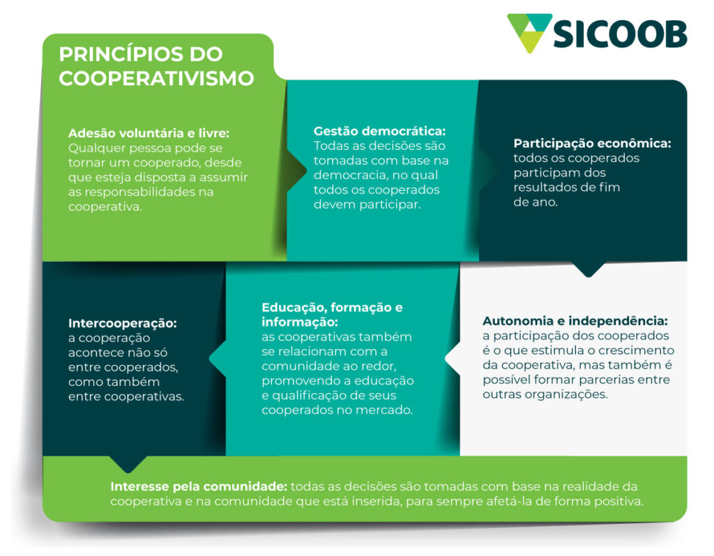 Princípios do cooperativismo 1- Adesão voluntária e livre: qualquer pessoa pode se tornar um cooperado, desde que esteja disposta a assumir as responsabilidades na cooperativa. 2- Gestão democrática: todas as decisões são tomadas com base na democracia, no qual todos os cooperados devem participar. 3- Participação econômica: todos os cooperados participam dos resultados de fim de ano. 4- Autonomia e independência: a participação dos cooperados é o que estimula o crescimento da cooperativa, mas também é possível formar parcerias entre outras organizações. 5- Educação, formação e informação: as cooperativas também se relacionam com a comunidade ao redor, promovendo a educação e qualificação de seus cooperados no mercado. 6- Intercooperação: a cooperação acontece não só entre cooperados, como também entre cooperativas. 7- Interesse pela comunidade: todas as decisões são tomadas com base na realidade da cooperativa e na comunidade que está inserida, para sempre afetá-la de forma positiva.