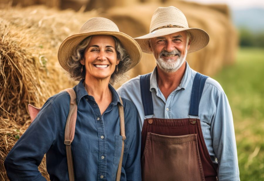 Homem e mulher agricultores familiares no campo.